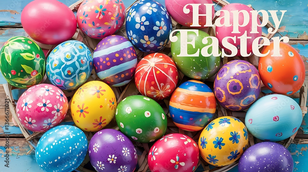 Fototapeta premium Vibrant Hand-Painted Easter Eggs with Unique Artistic Patterns Colorful Designs Arranged on Rustic Blue Wooden Surface with Festive Spring Elements for a Cheerful and Joyful Easter Holiday Celebration