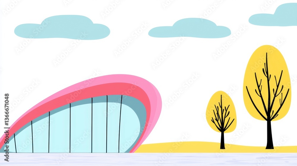 Fototapeta premium Abstract Minimalist Landscape with Pink Curved Structure and Yellow Trees