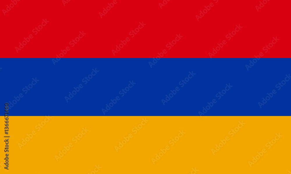 Armenian flag with bold colors of red, blue, and orange representing national pride and identity unfurled against clear sky Armenian flag with bold colors of red, blue, and orange representing national pride and identity unfurled against clear sky