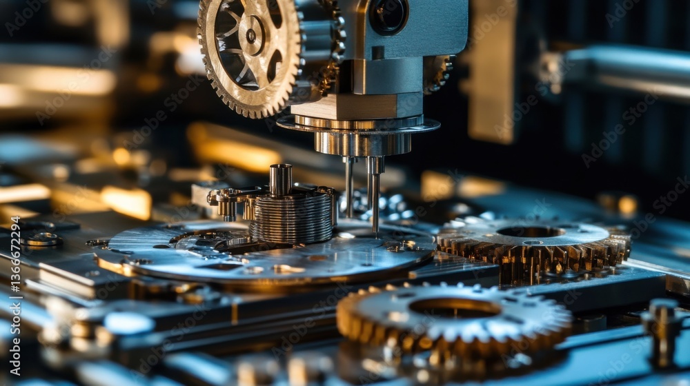 Fototapeta premium A robotic arm in a high precision watchmaking workshop, assembling tiny gears and springs into luxury wristwatches, Craftsmanship style