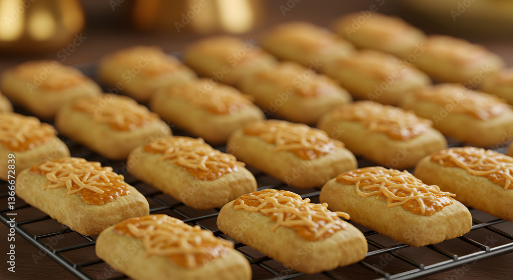 Golden Cheesy Kastengel Cookies on Cooling Rack, Close-up Golden Cheesy Kastengel Cookies on Cooling Rack, Close-up
