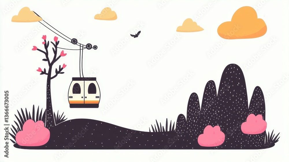 Naklejka premium Cable Car Ascending a Mountain Landscape Under a Pastel Sky
