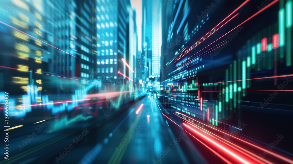 Urban techscape with light speed data, showcasing high-frequency trades impacting stock exchanges, a network pulsing with microsecond latency. Urban techscape with light speed data, showcasing high-frequency trades impacting stock exchanges, a network pulsing with microsecond latency.