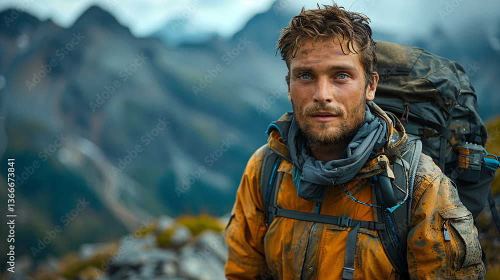 Rugged Solo Hiker Trekking Rocky Mountain Trail – Detailed Portrait with copy space Rugged Solo Hiker Trekking Rocky Mountain Trail – Detailed Portrait with copy space