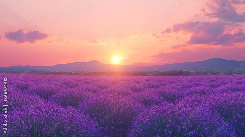 A beautiful lavender field beneath a colorful sunset sky scenery A beautiful lavender field beneath a colorful sunset sky scenery
