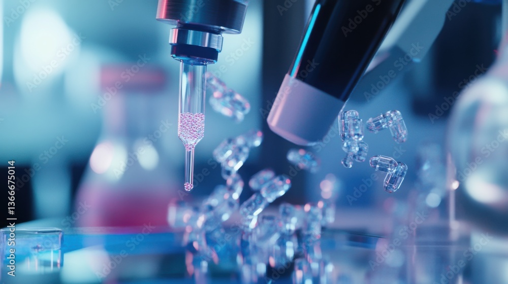 A robotic arm in a high tech cleanroom, assembling nanoscale drug delivery systems for targeted cancer treatments, Bio-tech style A robotic arm in a high tech cleanroom, assembling nanoscale drug delivery systems for targeted cancer treatments, Bio-tech style