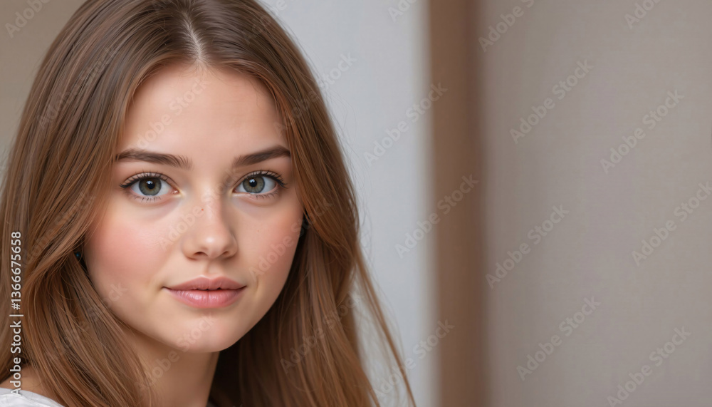 Young Woman with Brown Hair, Close-up Portrait