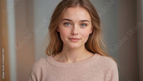 Obraz na płótnie Young Woman with Brown Hair and Blue Eyes, Close-up Portrait w salonie
