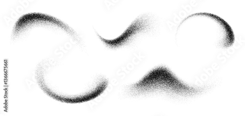 Noise grain wave spray, texture grainy dot brushes with smooth, gradient shading effects. Vector set of irregularly shaped black dust, sand or particle scattered specks, abstract, textural pattern