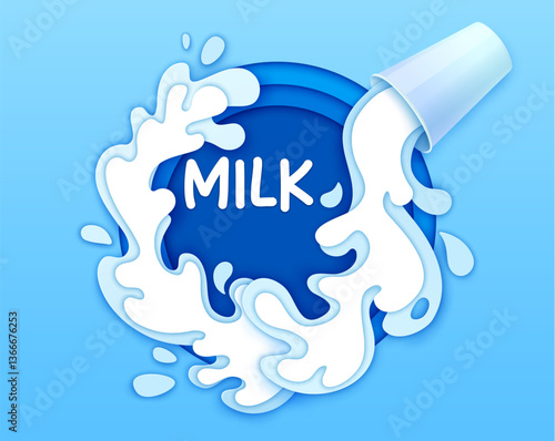 Milk glass and drink wave splash in paper cut, vector banner for dairy product. Fresh milk splash of spill and pours from glass with drops explosion in paper cut layers of milk flow on blue background