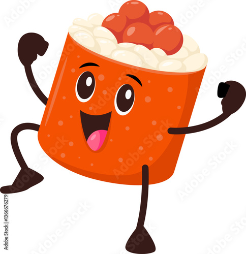 Cartoon sushi roll and fast food funny character, vector comic personage. Sushi roll with caviar or ikura maki character with happy smile on funky face and dancing for Japanese cuisine fast food emoji
