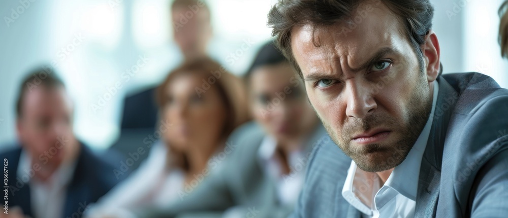 Annoyed coworkers glare as someone interrupts the bright meeting too much badgering like meeting faces. Annoyed coworkers glare as someone interrupts the bright meeting too much badgering like meeting faces.