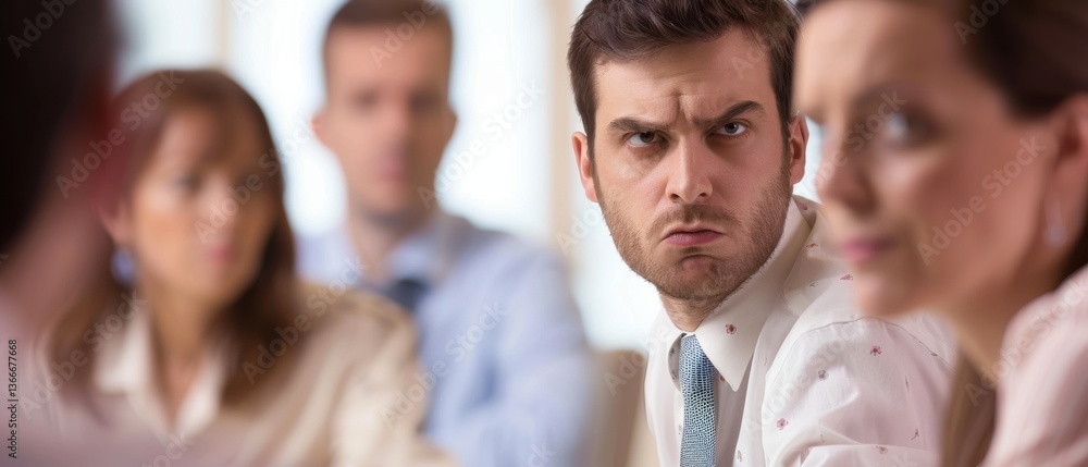 Bright conference room, disgruntled man interrupts colleagues during a meeting animalistic expressions. Bright conference room, disgruntled man interrupts colleagues during a meeting animalistic expressions.
