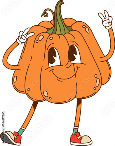 Cartoon groovy pumpkin vegetable character with funny face, vector comic personage. Groovy pumpkin character with happy smile and cool hippie fingers gesture in hipster shoes for cute veggie emoji