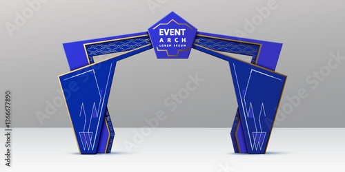 Event arch, blue gate for entrance or stage stand booth welcome frame, vector mockup. Event arch and entry gate in 3D for welcome frame of exhibition entrance or expo promo display with gate arch