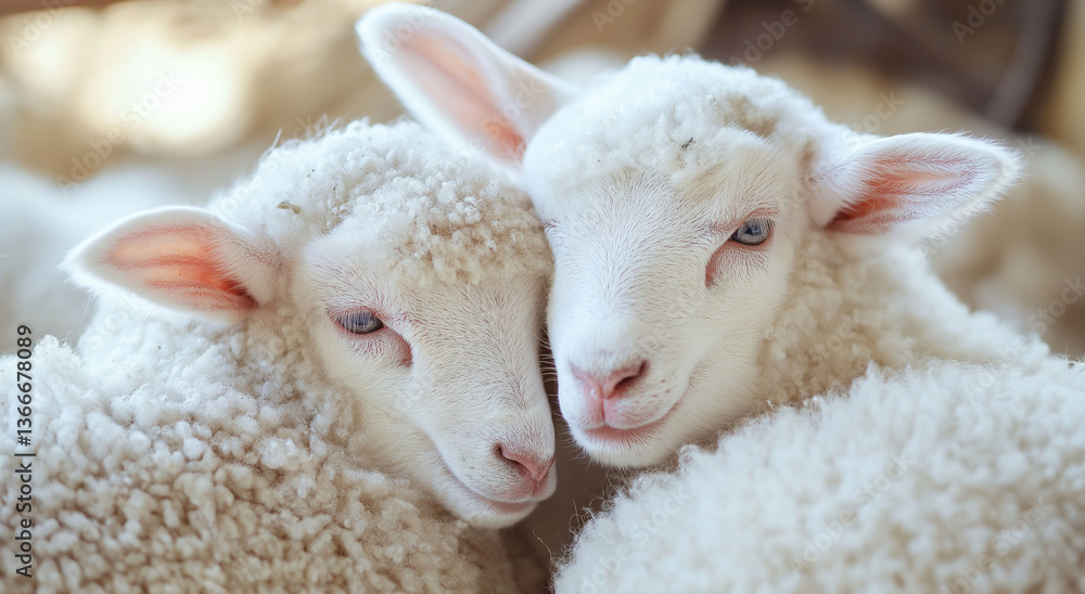 Fototapeta premium Close-Up White Lambs Cuddling: Adoráveis ​​ovelhas bebês, lã fofa, animais de fazenda pacíficos