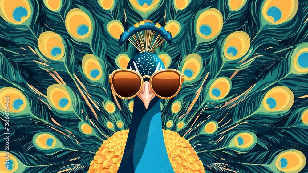 Colorful peacock wearing sunglasses, white isolate background