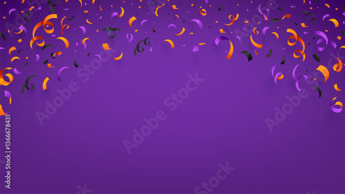 Halloween holiday confetti purple background, vector orange, black and violet falling paper pieces cascade frame, festive carnival celebration backdrop. Colorful burst of fun and excitement in the air