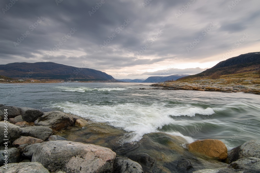 Obraz premium River rapids, mountains, cloudy sky, autumn landscape, nature photography