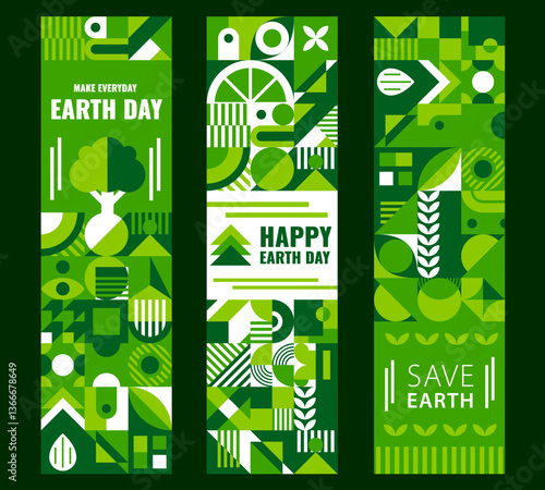 Earth day banners with green geometric shapes for environment conservation, vector backgrounds. Happy Earth Day or Save Nature and Make Planet Green banners with geometric shapes of ecology symbols