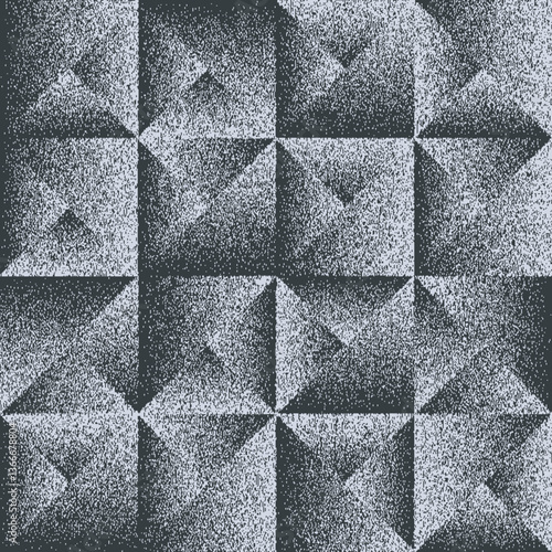Noise grain stipple texture pattern. Vector abstract geometric background with black and white grainy or gritty gradient effect, creating an illusion of three dimensional pyramids or folded surfaces