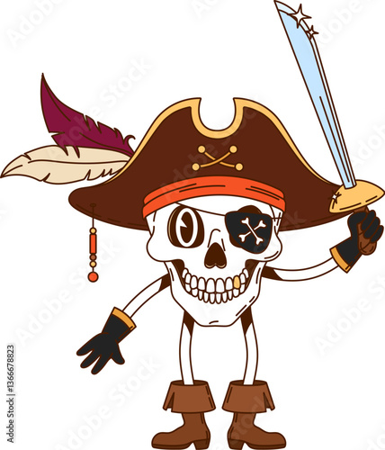 Cartoon groovy skull pirate, corsair and captain character in cocked hat, grins menacingly. Isolated vector Jolly Roger filibuster or sailor skeleton in tricorn cap, exuding spooky seafaring y2k vibe