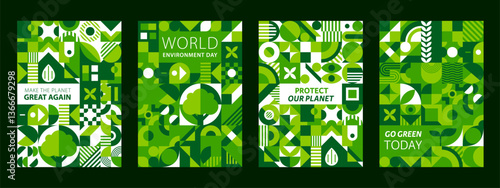 World environment day and Save Nature posters with green geometric shapes, vector backgrounds. World Environment Day posters with eco quotes Go Green and Protect Planet with ecology geometric shapes
