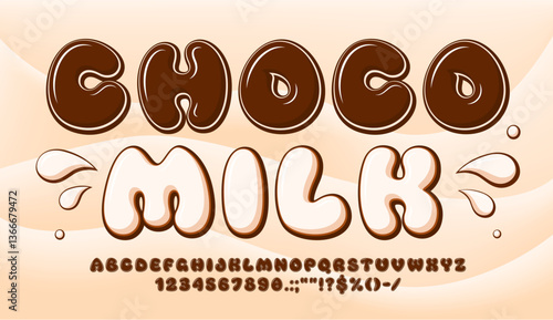 Chocolate dessert font, choco caramel typeface, candy sweet type, tasty english alphabet with milk splash drops, vector typography. Cartoon bubble dark chocolate and cream font abc letters, numbers