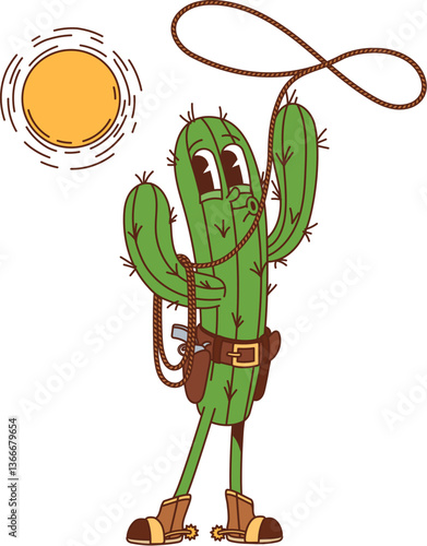 Cartoon groovy wild west western cactus character spinning the lasso rope. Isolated vector spiky cactus cowboy or bandit retro personage on country rodeo. Funny succulent rancher ready for adventures