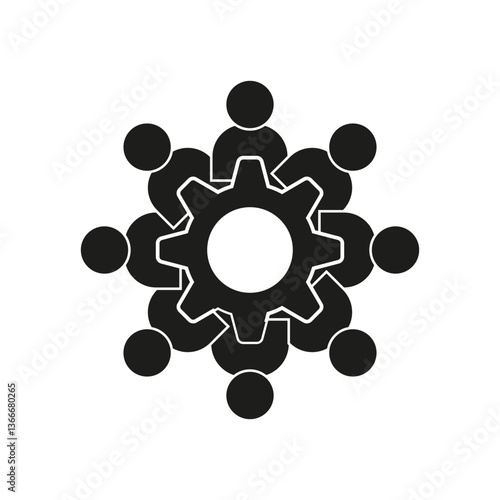 Gear teamwork icon. Collaborative concept symbol. Engineering and people integration. Black and white theme.