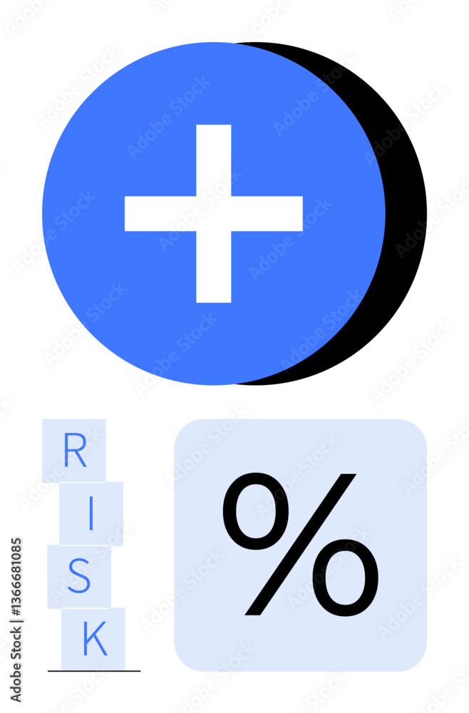 Fototapeta premium Plus symbol, percentage sign, and stacked RISK blocks. Ideal for finance, investment, risk management, business growth, decision-making, calculations abstract line flat metaphor