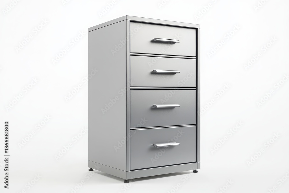 A silver metal filing cabinet with four drawers against a plain white background in a studio setting A silver metal filing cabinet with four drawers against a plain white background in a studio setting