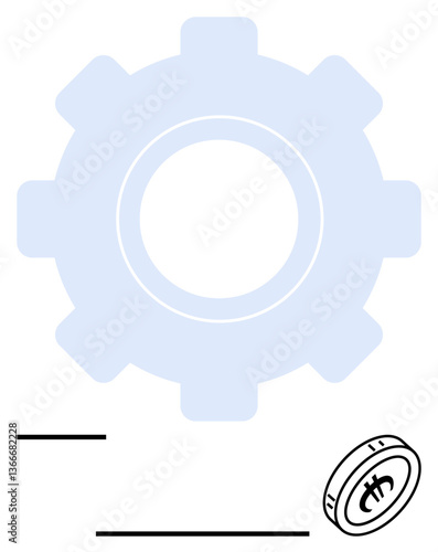 Large gear surrounded by a cryptocurrency coin suggests automation and blockchain-based financial systems. Ideal for technology, finance, cryptocurrency, innovation, development, corporate strategy