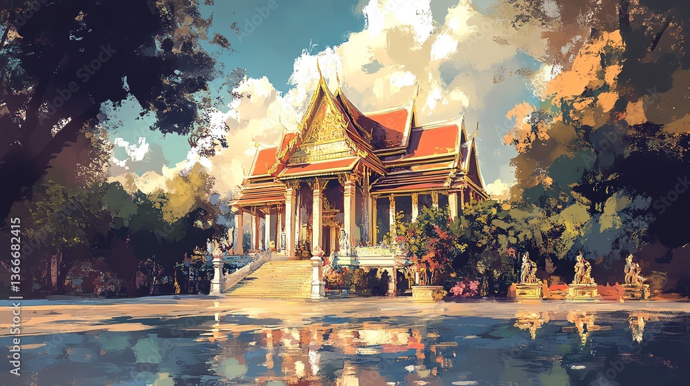 Fototapeta premium Digital painting of thai temple in bangkok, thailand Thai Temple Illustration