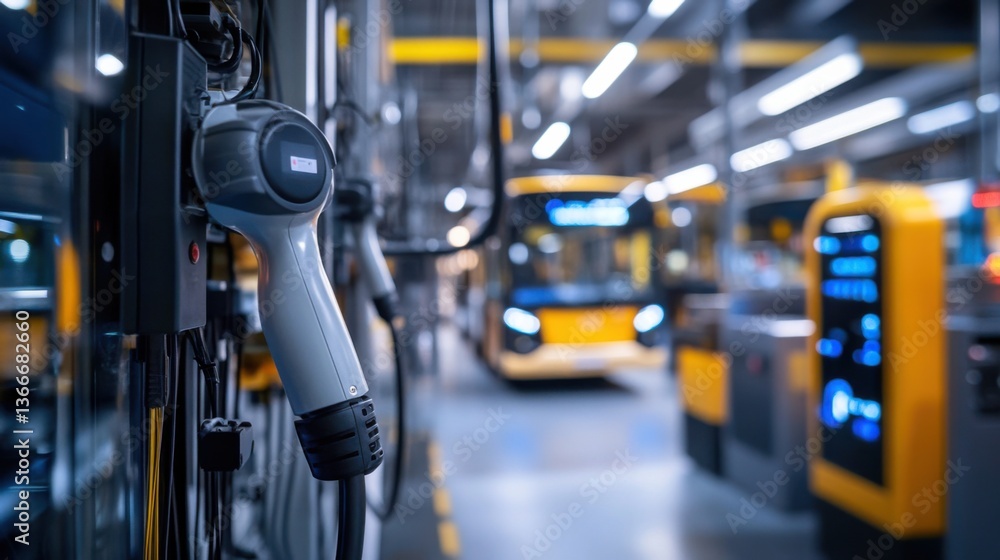 Fototapeta premium A robotic arm in a high tech transportation factory, assembling electric bus charging stations with precision for urban electric transit, Transport-tech style