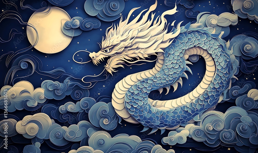 A majestic blue dragon soars through a cloudy night sky A majestic blue dragon soars through a cloudy night sky