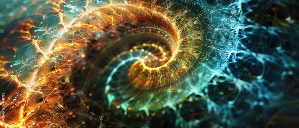 Golden ratio spiral with floating equations, crystalline shapes, and a fourth-dimensional perspective create a mathematical vortex. Golden ratio spiral with floating equations, crystalline shapes, and a fourth-dimensional perspective create a mathematical vortex.