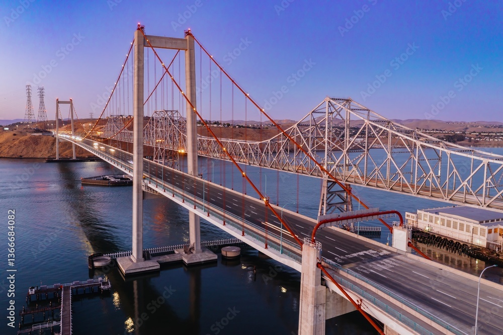 Obraz premium The Alfred Zampa Memorial Bridge carries vehicles across the Carquinez Strait in Crockett, California, USA. The image shows the bridge at dusk with light trails from cars.