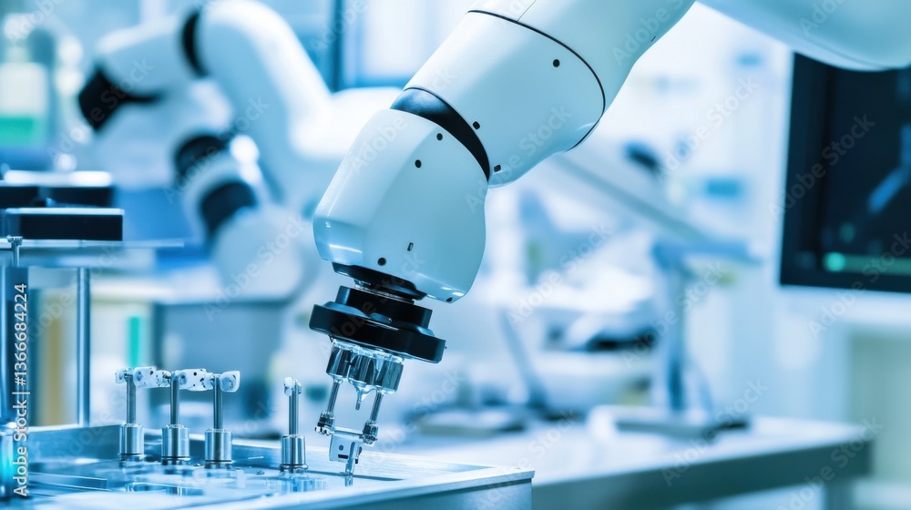 A robotic arm in a medical research lab, assembling customized orthopedic implants with high precision for patient-specific treatments, Med-tech style A robotic arm in a medical research lab, assembling customized orthopedic implants with high precision for patient-specific treatments, Med-tech style