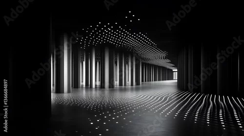Obraz An architectural interior featuring cylindrical columns and illuminated light fixtures
