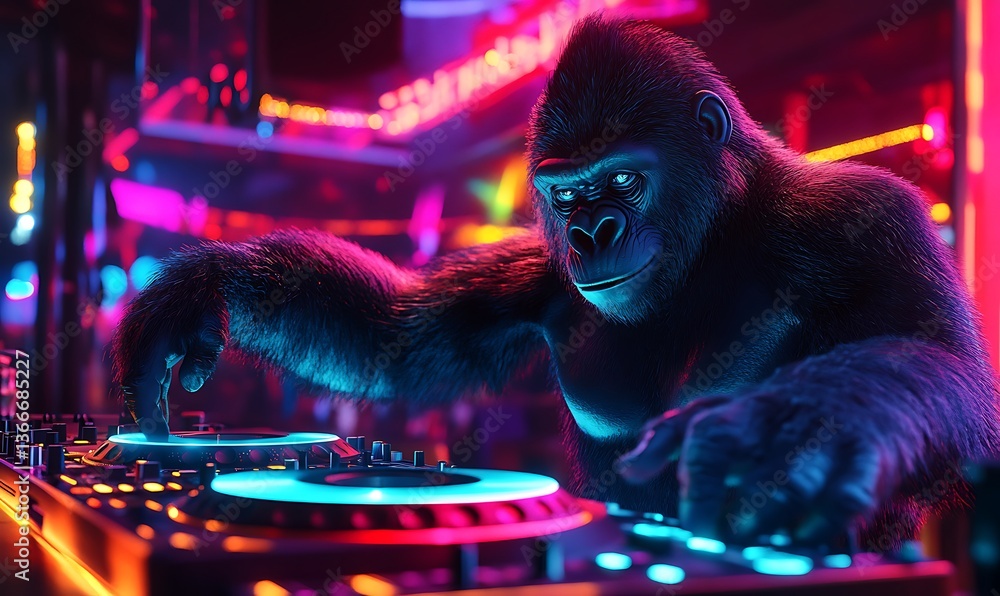 A gorilla is skillfully performing as a disc jockey in a club