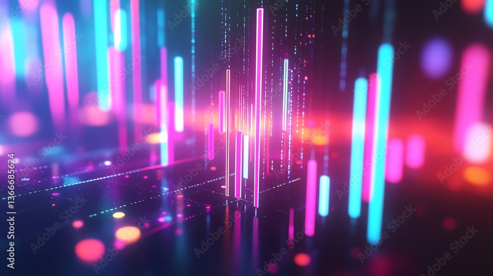Forex trading graph with neon candlestick chart on dark bokeh background 3D Rendering Forex trading graph with neon candlestick chart on dark bokeh background 3D Rendering