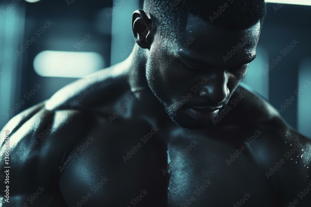 Sweaty African man with muscular build looks down after intense workout in gym training for bodybuilding and fitness Sweaty African man with muscular build looks down after intense workout in gym training for bodybuilding and fitness
