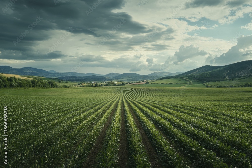 Corn Field Rows Under Cloudy Sky, Agricultural Landscape, Farmland, Farming Scene Corn Field Rows Under Cloudy Sky, Agricultural Landscape, Farmland, Farming Scene