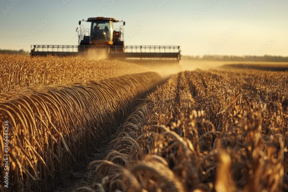 Fototapeta premium Combine Harvester Cuts Wheat Field at Sunset - Agriculture Farming