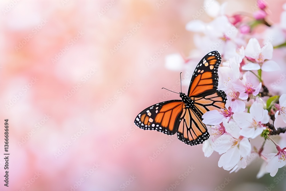 Obraz premium A vibrant monarch butterfly resting on the delicate petals of white cherry blossoms, symbolizing spring's gentle arrival in nature.