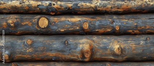Horizontal stack of rustic wooden logs with knots in close up