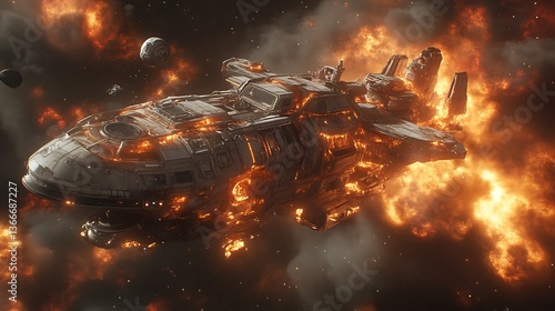 Fototapeta Naklejka Na Ścianę i Meble -  An enormous spaceship experiences an immense explosion within the dark emptiness of space