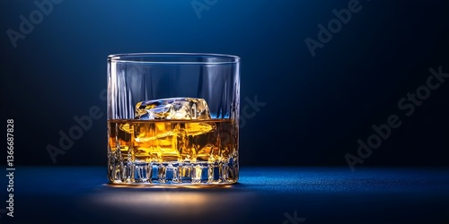 A glass of whiskey on a dark blue background.