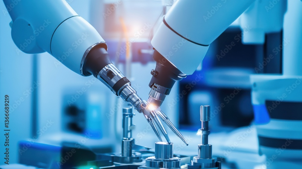A robotic arm in a next gen medical research lab, assembling robotic surgery tools with high precision for minimally invasive procedures, Med-tech style A robotic arm in a next gen medical research lab, assembling robotic surgery tools with high precision for minimally invasive procedures, Med-tech style